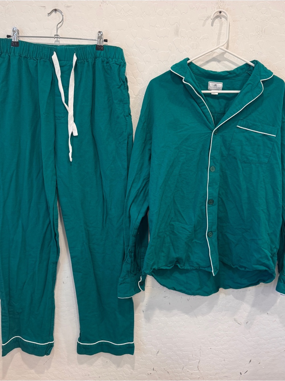 Petite Plume Flannel Pajama Set Mens Large Green White Piping Cozy Loungewear